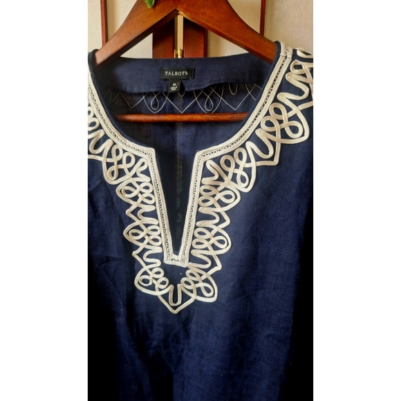 Talbots Navy Blue Linen Tunic with White Cord Trim Embroidery - Picture 4 of 14
